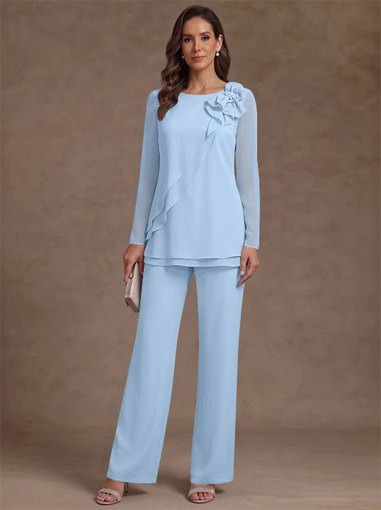 2 Pieces Scoop Chiffon Mother of the Bride Pantsuits Floral Long Sleeves Ankle-Length Ruffles