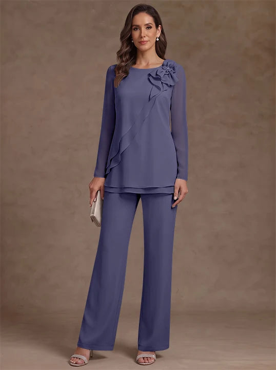 2 Pieces Scoop Chiffon Mother of the Bride Pantsuits Floral Long Sleeves Ankle-Length Ruffles