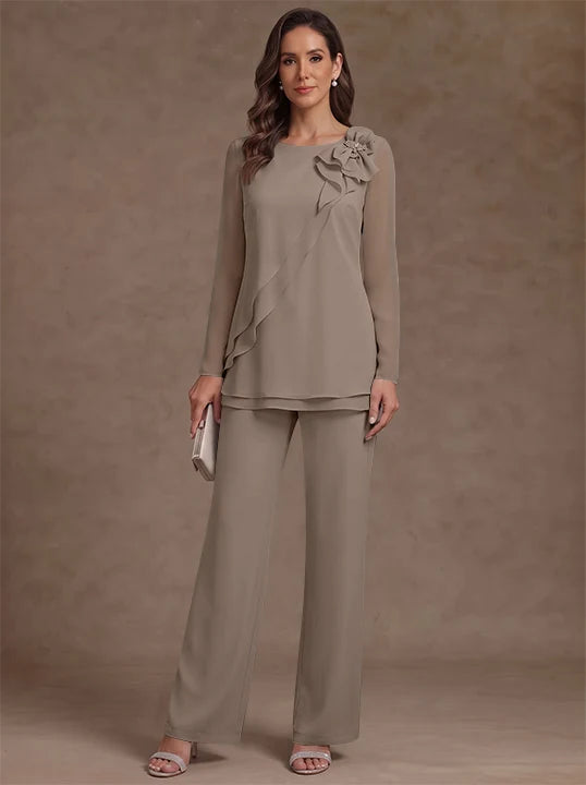 2 Pieces Scoop Chiffon Mother of the Bride Pantsuits Floral Long Sleeves Ankle-Length Ruffles