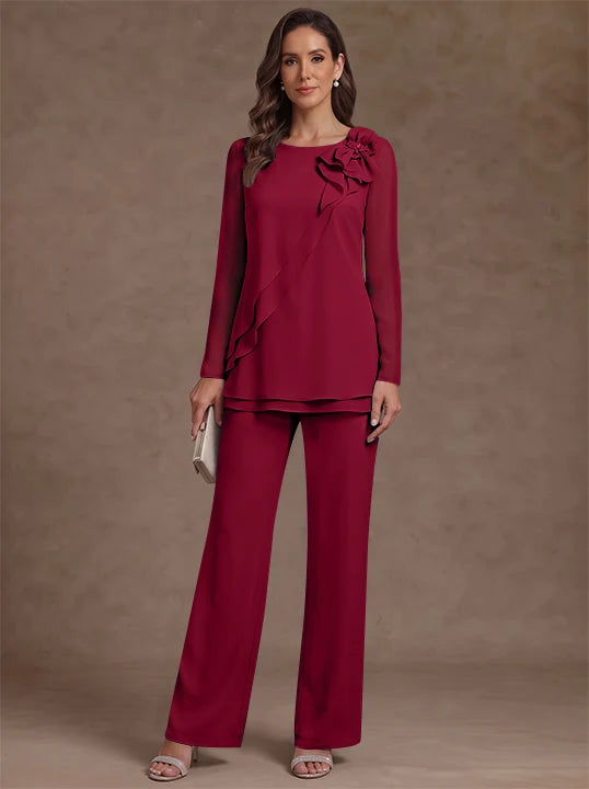 2 Pieces Scoop Chiffon Mother of the Bride Pantsuits Floral Long Sleeves Ankle-Length Ruffles