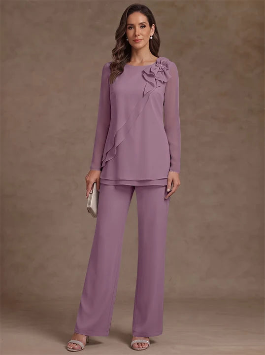 2 Pieces Scoop Chiffon Mother of the Bride Pantsuits Floral Long Sleeves Ankle-Length Ruffles