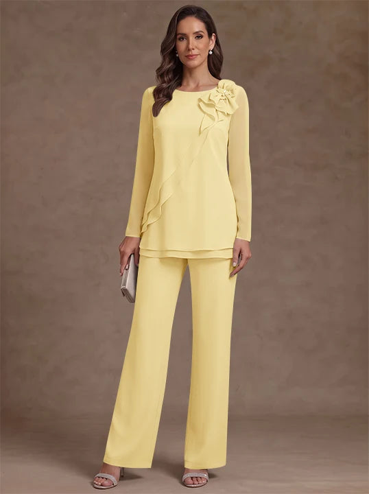 2 Pieces Scoop Chiffon Mother of the Bride Pantsuits Floral Long Sleeves Ankle-Length Ruffles