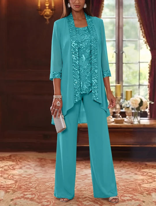 3 Pieces Scoop Chiffon Mother of the Bride Pantsuits with Jacket 3/4 Sleeves Ankle-Length Floral Sequins