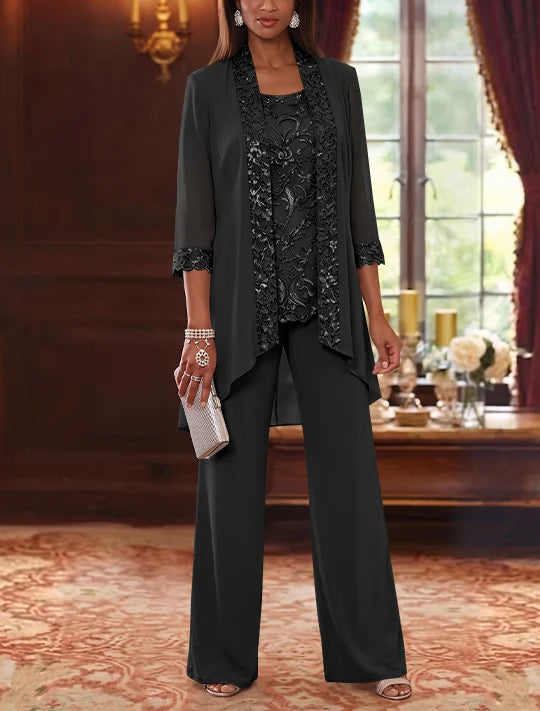 3 Pieces Scoop Chiffon Mother of the Bride Pantsuits with Jacket 3/4 Sleeves Ankle-Length Floral Sequins