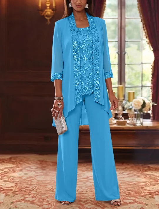 3 Pieces Scoop Chiffon Mother of the Bride Pantsuits with Jacket 3/4 Sleeves Ankle-Length Floral Sequins