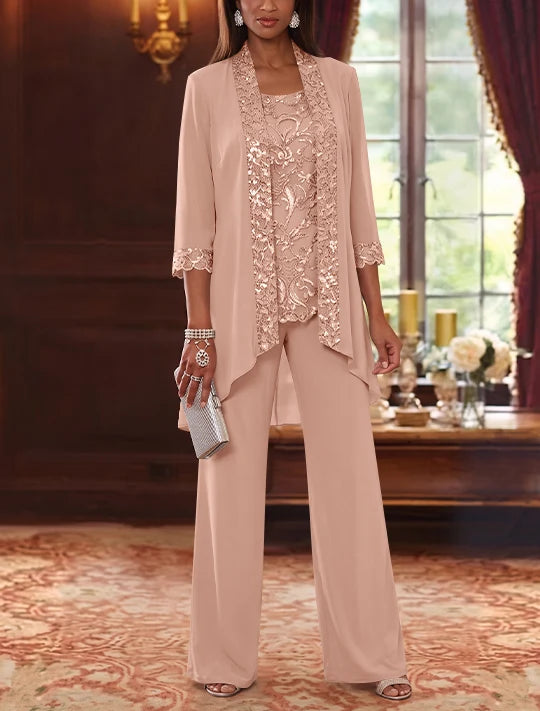 3 Pieces Scoop Chiffon Mother of the Bride Pantsuits with Jacket 3/4 Sleeves Ankle-Length Floral Sequins