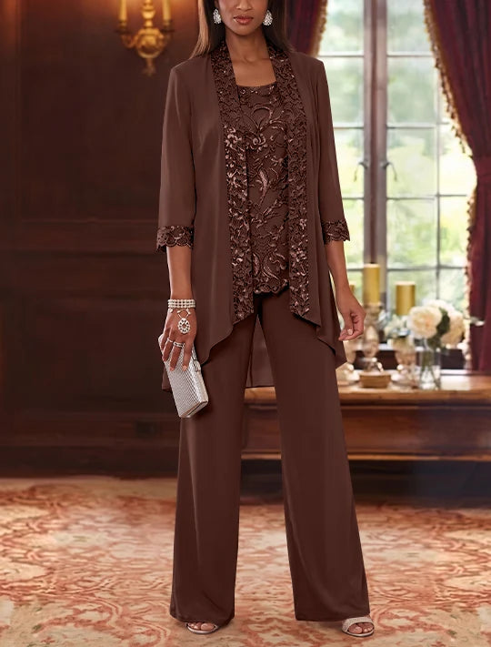 3 Pieces Scoop Chiffon Mother of the Bride Pantsuits with Jacket 3/4 Sleeves Ankle-Length Floral Sequins