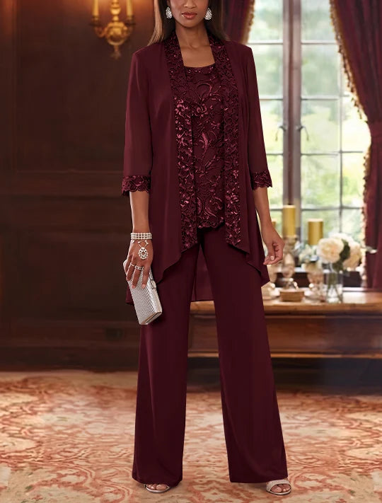 3 Pieces Scoop Chiffon Mother of the Bride Pantsuits with Jacket 3/4 Sleeves Ankle-Length Floral Sequins