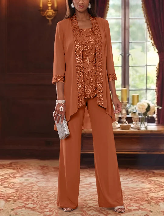 3 Pieces Scoop Chiffon Mother of the Bride Pantsuits with Jacket 3/4 Sleeves Ankle-Length Floral Sequins