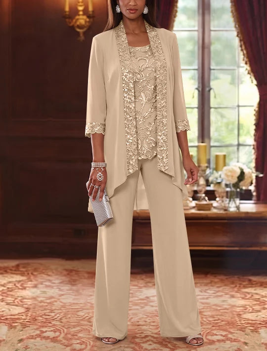 3 Pieces Scoop Chiffon Mother of the Bride Pantsuits with Jacket 3/4 Sleeves Ankle-Length Floral Sequins