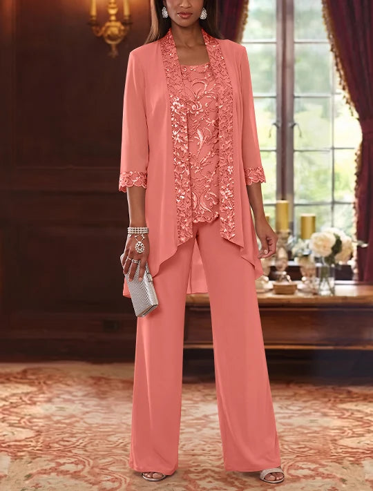 3 Pieces Scoop Chiffon Mother of the Bride Pantsuits with Jacket 3/4 Sleeves Ankle-Length Floral Sequins