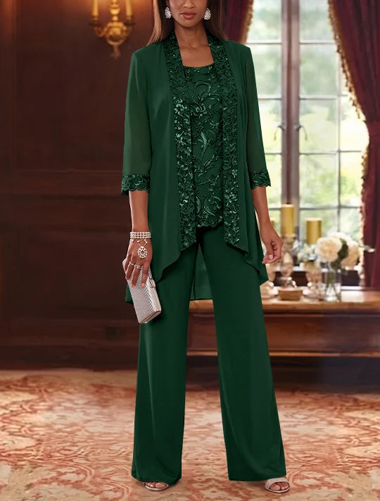 3 Pieces Scoop Chiffon Mother of the Bride Pantsuits with Jacket 3/4 Sleeves Ankle-Length Floral Sequins