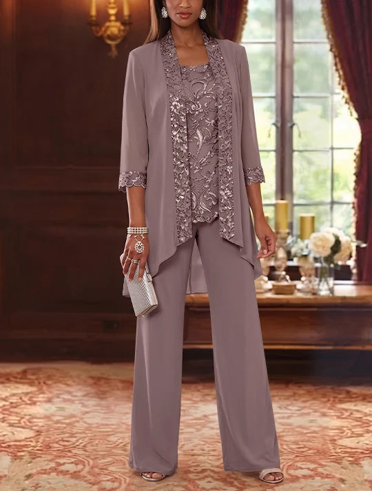 3 Pieces Scoop Chiffon Mother of the Bride Pantsuits with Jacket 3/4 Sleeves Ankle-Length Floral Sequins