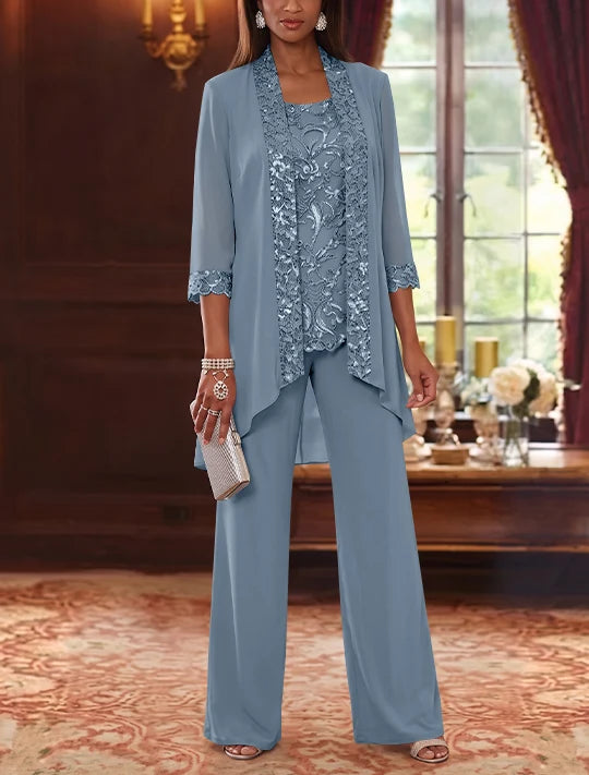 3 Pieces Scoop Chiffon Mother of the Bride Pantsuits with Jacket 3/4 Sleeves Ankle-Length Floral Sequins