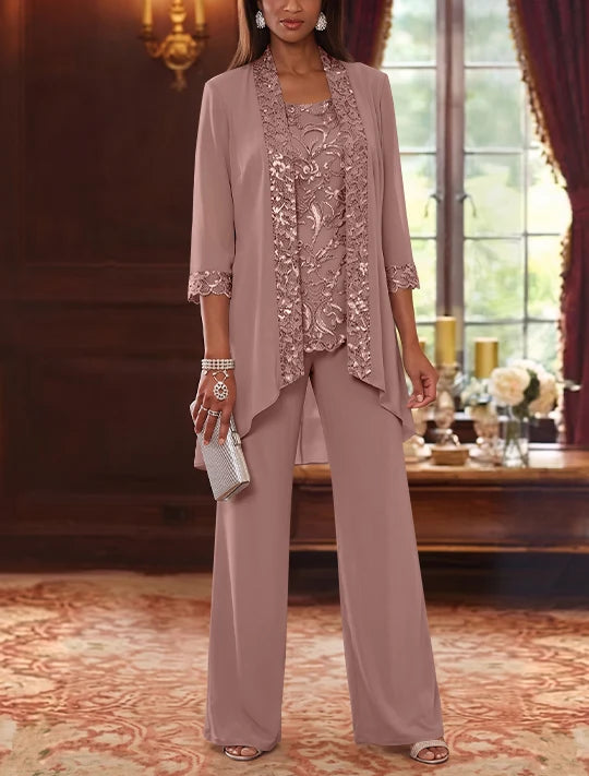 3 Pieces Scoop Chiffon Mother of the Bride Pantsuits with Jacket 3/4 Sleeves Ankle-Length Floral Sequins