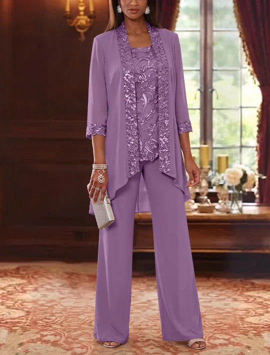 3 Pieces Scoop Chiffon Mother of the Bride Pantsuits with Jacket 3/4 Sleeves Ankle-Length Floral Sequins
