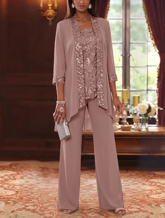 3 Pieces Scoop Chiffon Mother of the Bride Pantsuits with Jacket 3/4 Sleeves Ankle-Length Floral Sequins