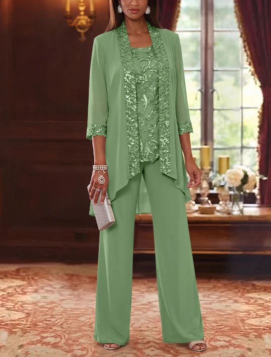 3 Pieces Scoop Chiffon Mother of the Bride Pantsuits with Jacket 3/4 Sleeves Ankle-Length Floral Sequins
