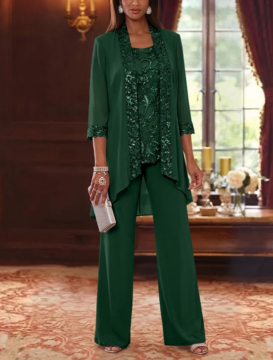 3 Pieces Scoop Chiffon Mother of the Bride Pantsuits with Jacket 3/4 Sleeves Ankle-Length Floral Sequins