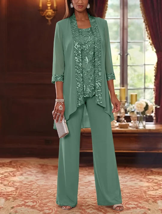 3 Pieces Scoop Chiffon Mother of the Bride Pantsuits with Jacket 3/4 Sleeves Ankle-Length Floral Sequins