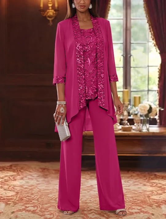 3 Pieces Scoop Chiffon Mother of the Bride Pantsuits with Jacket 3/4 Sleeves Ankle-Length Floral Sequins