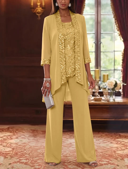 3 Pieces Scoop Chiffon Mother of the Bride Pantsuits with Jacket 3/4 Sleeves Ankle-Length Floral Sequins