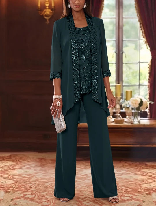 3 Pieces Scoop Chiffon Mother of the Bride Pantsuits with Jacket 3/4 Sleeves Ankle-Length Floral Sequins