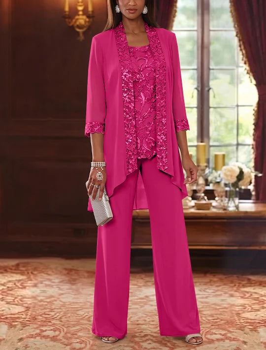 3 Pieces Scoop Chiffon Mother of the Bride Pantsuits with Jacket 3/4 Sleeves Ankle-Length Floral Sequins