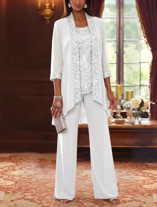 3 Pieces Scoop Chiffon Mother of the Bride Pantsuits with Jacket 3/4 Sleeves Ankle-Length Floral Sequins