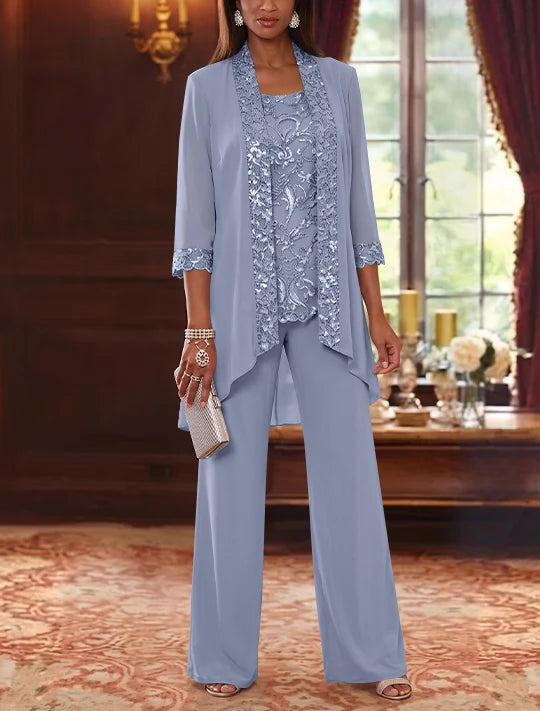 3 Pieces Scoop Chiffon Mother of the Bride Pantsuits with Jacket 3/4 Sleeves Ankle-Length Floral Sequins