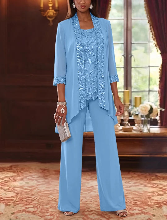 3 Pieces Scoop Chiffon Mother of the Bride Pantsuits with Jacket 3/4 Sleeves Ankle-Length Floral Sequins