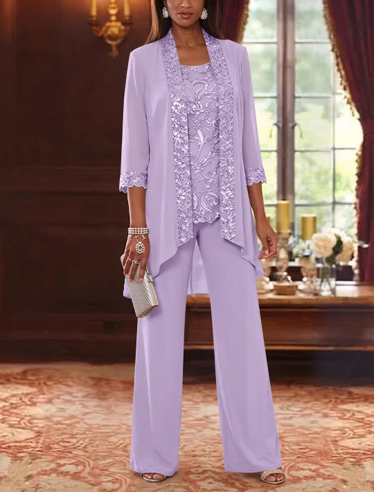 3 Pieces Scoop Chiffon Mother of the Bride Pantsuits with Jacket 3/4 Sleeves Ankle-Length Floral Sequins