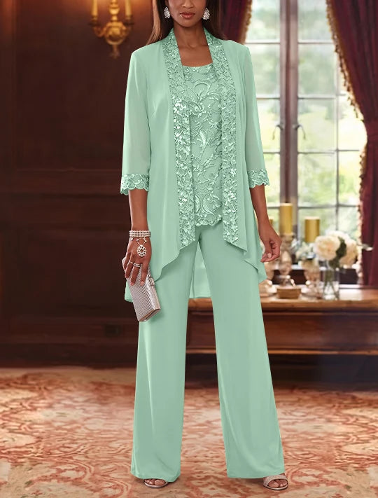 3 Pieces Scoop Chiffon Mother of the Bride Pantsuits with Jacket 3/4 Sleeves Ankle-Length Floral Sequins