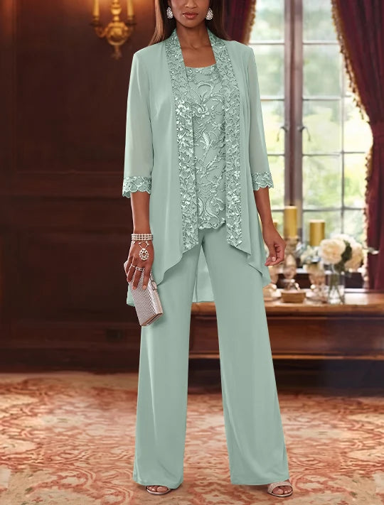 3 Pieces Scoop Chiffon Mother of the Bride Pantsuits with Jacket 3/4 Sleeves Ankle-Length Floral Sequins