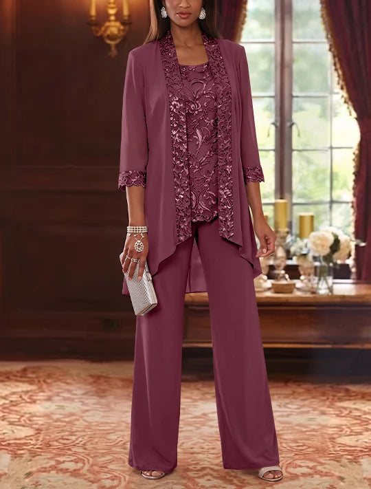3 Pieces Scoop Chiffon Mother of the Bride Pantsuits with Jacket 3/4 Sleeves Ankle-Length Floral Sequins