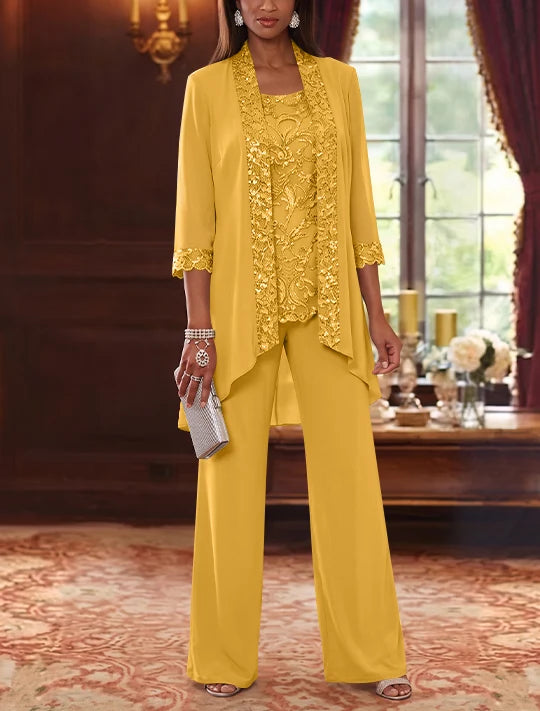 3 Pieces Scoop Chiffon Mother of the Bride Pantsuits with Jacket 3/4 Sleeves Ankle-Length Floral Sequins