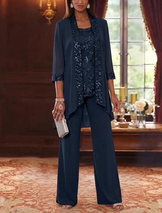 3 Pieces Scoop Chiffon Mother of the Bride Pantsuits with Jacket 3/4 Sleeves Ankle-Length Floral Sequins
