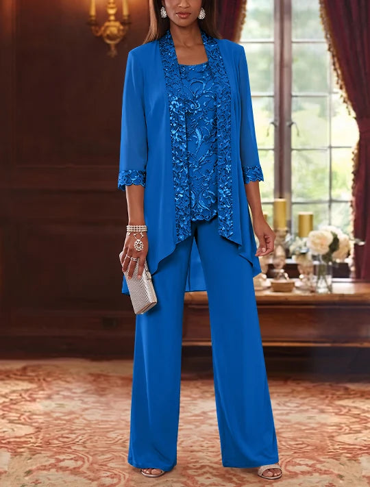 3 Pieces Scoop Chiffon Mother of the Bride Pantsuits with Jacket 3/4 Sleeves Ankle-Length Floral Sequins