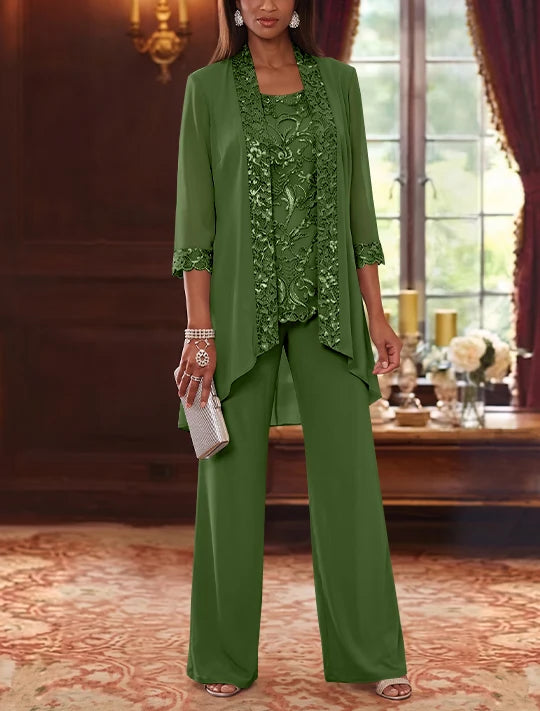 3 Pieces Scoop Chiffon Mother of the Bride Pantsuits with Jacket 3/4 Sleeves Ankle-Length Floral Sequins