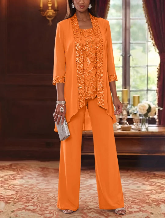 3 Pieces Scoop Chiffon Mother of the Bride Pantsuits with Jacket 3/4 Sleeves Ankle-Length Floral Sequins