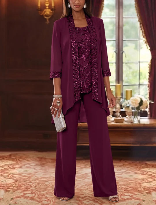 3 Pieces Scoop Chiffon Mother of the Bride Pantsuits with Jacket 3/4 Sleeves Ankle-Length Floral Sequins