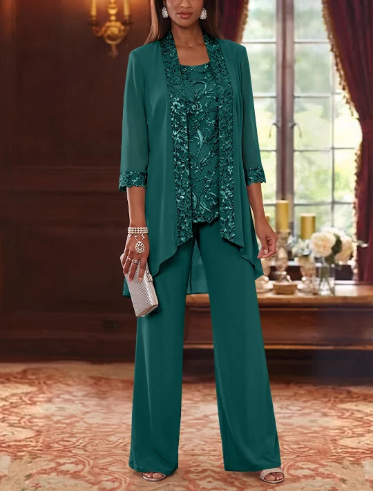 3 Pieces Scoop Chiffon Mother of the Bride Pantsuits with Jacket 3/4 Sleeves Ankle-Length Floral Sequins