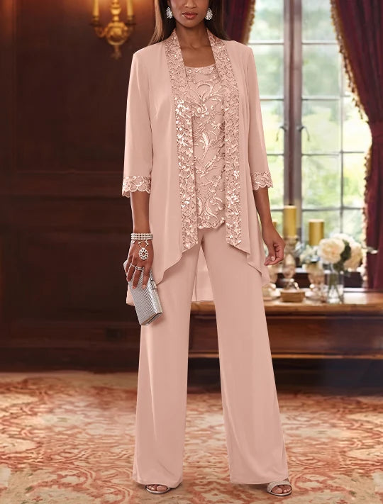 3 Pieces Scoop Chiffon Mother of the Bride Pantsuits with Jacket 3/4 Sleeves Ankle-Length Floral Sequins