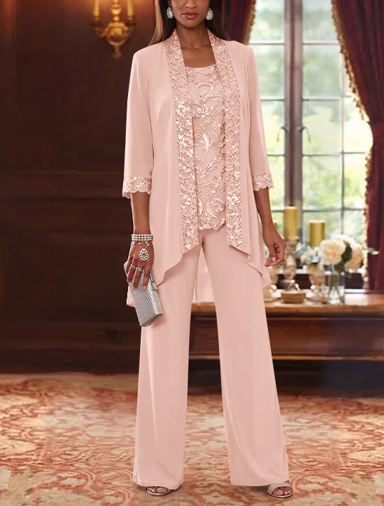3 Pieces Scoop Chiffon Mother of the Bride Pantsuits with Jacket 3/4 Sleeves Ankle-Length Floral Sequins