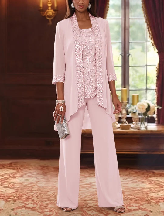 3 Pieces Scoop Chiffon Mother of the Bride Pantsuits with Jacket 3/4 Sleeves Ankle-Length Floral Sequins