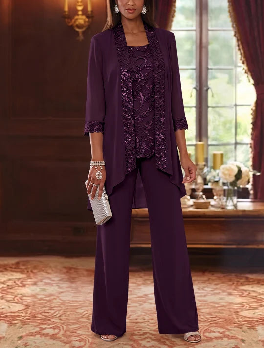 3 Pieces Scoop Chiffon Mother of the Bride Pantsuits with Jacket 3/4 Sleeves Ankle-Length Floral Sequins