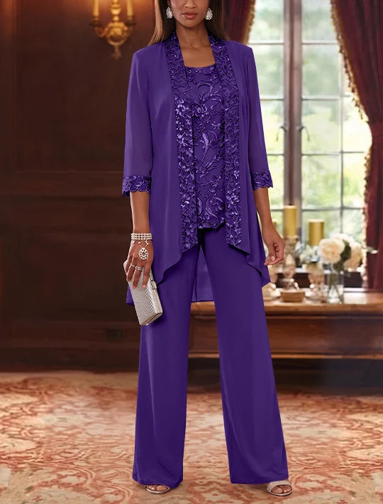 3 Pieces Scoop Chiffon Mother of the Bride Pantsuits with Jacket 3/4 Sleeves Ankle-Length Floral Sequins
