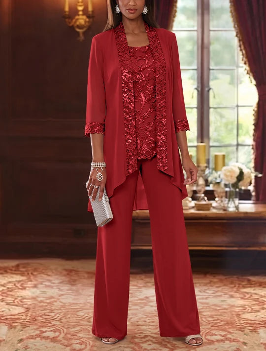 3 Pieces Scoop Chiffon Mother of the Bride Pantsuits with Jacket 3/4 Sleeves Ankle-Length Floral Sequins