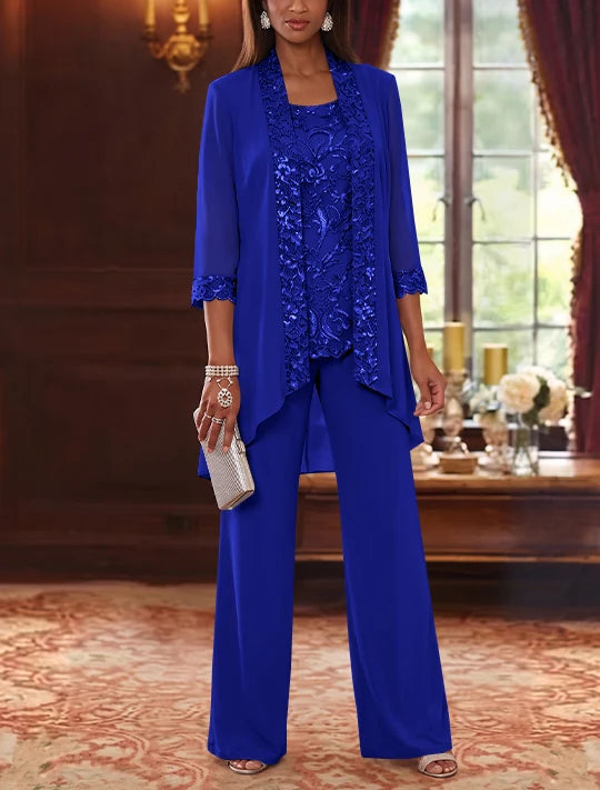 3 Pieces Scoop Chiffon Mother of the Bride Pantsuits with Jacket 3/4 Sleeves Ankle-Length Floral Sequins