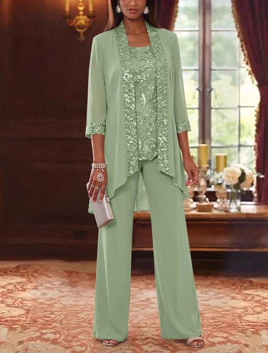 3 Pieces Scoop Chiffon Mother of the Bride Pantsuits with Jacket 3/4 Sleeves Ankle-Length Floral Sequins